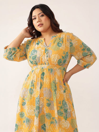 Janasya Women's Plus Size Orange Dobby Georgette Floral Printed A-Line Dress