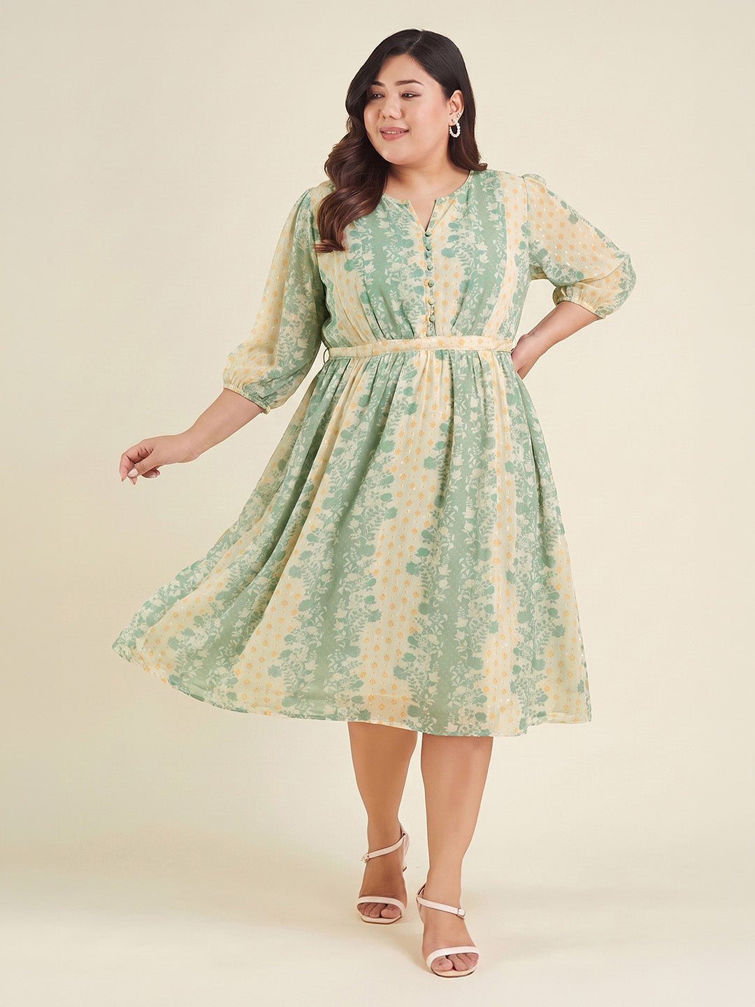 Janasya Women's Plus Size Cream Dobby Georgette Floral Printed Fit & Flare Dress