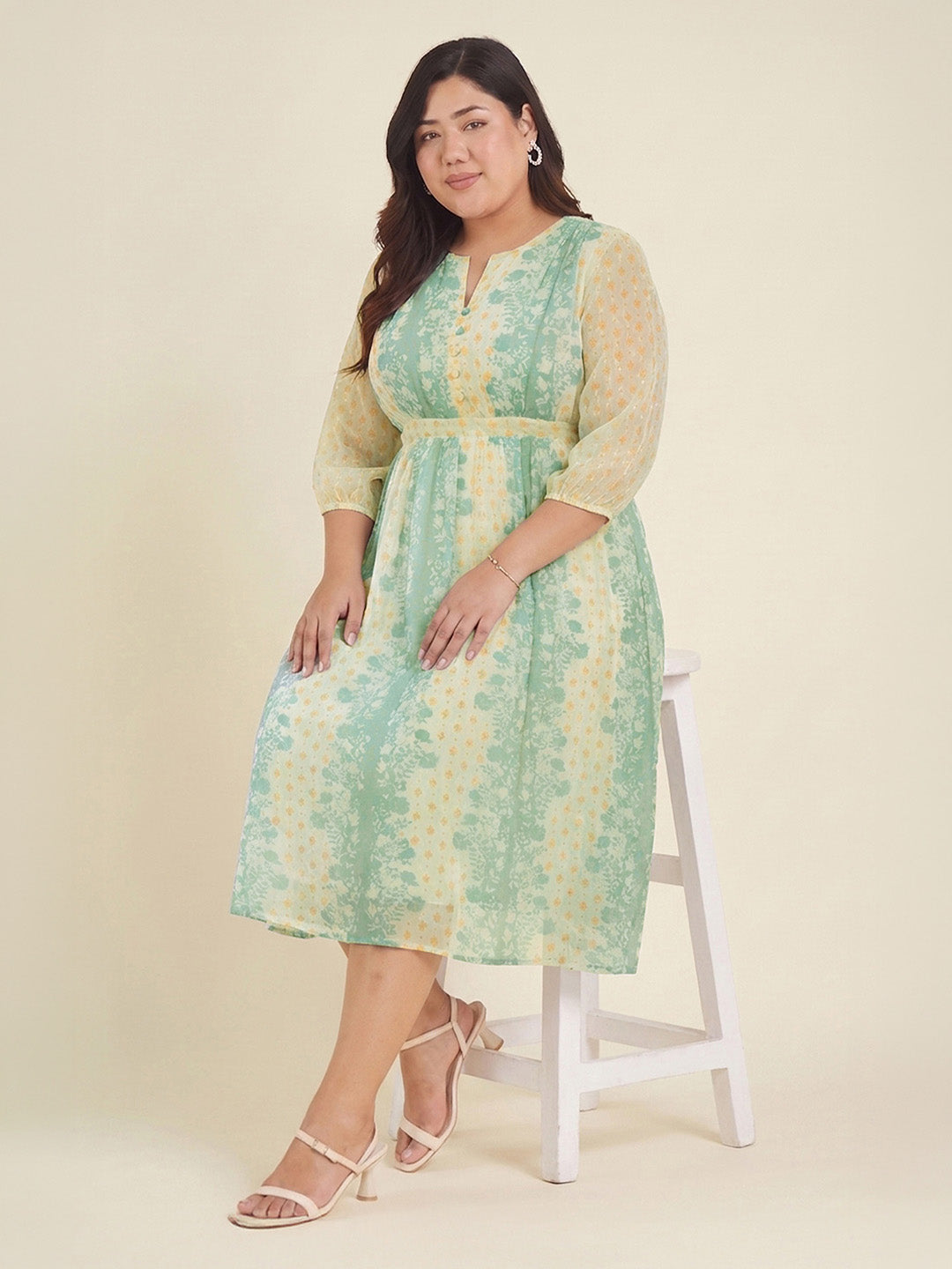 Janasya Women's Plus Size Cream Dobby Georgette Floral Printed Fit & Flare Dress