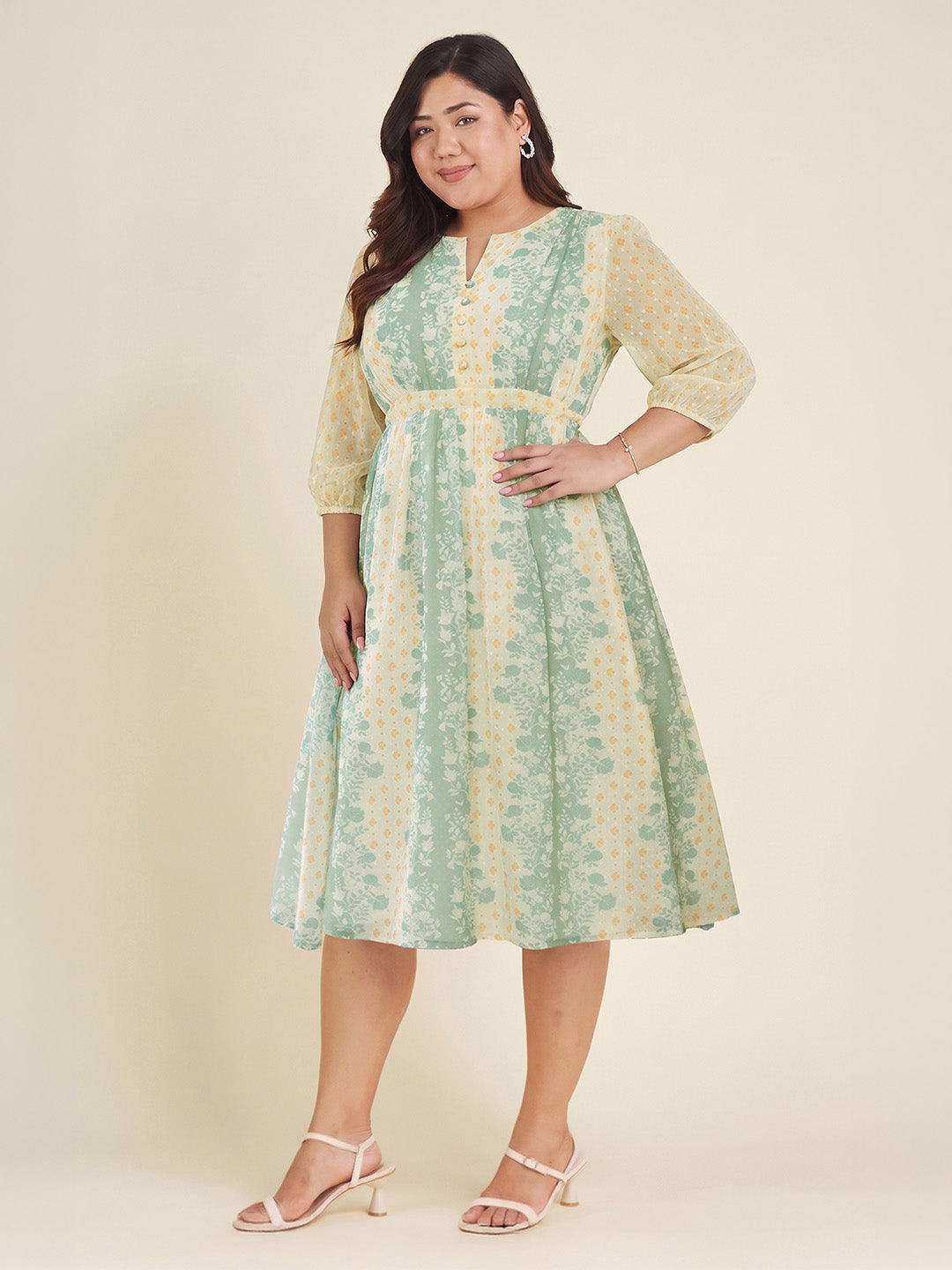 Janasya Women's Plus Size Cream Dobby Georgette Floral Printed Fit & Flare Dress