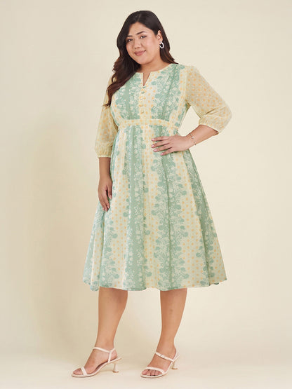 Janasya Women's Plus Size Cream Dobby Georgette Floral Printed Fit & Flare Dress