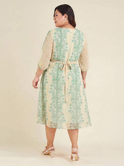 Janasya Women's Plus Size Cream Dobby Georgette Floral Printed Fit & Flare Dress