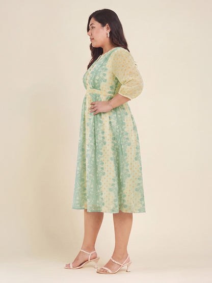 Janasya Women's Plus Size Cream Dobby Georgette Floral Printed Fit & Flare Dress