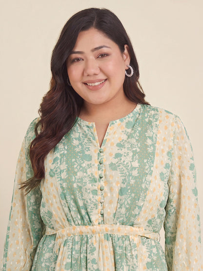 Janasya Women's Plus Size Cream Dobby Georgette Floral Printed Fit & Flare Dress