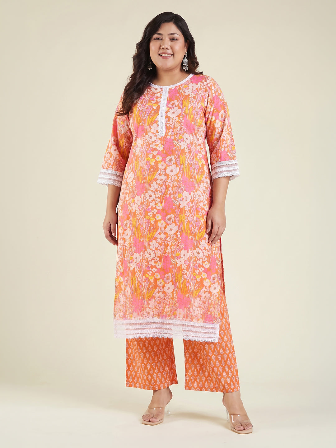 Janasya Women's Plus Size Orange Pure Cotton Floral Printed Straight Kurta With Pant Set