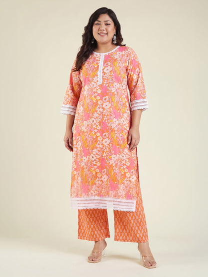 Janasya Women's Plus Size Orange Pure Cotton Floral Printed Straight Kurta With Pant Set