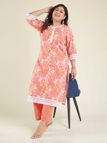 Janasya Women's Plus Size Orange Pure Cotton Floral Printed Straight Kurta With Pant Set