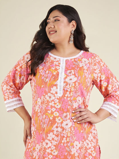 Janasya Women's Plus Size Orange Pure Cotton Floral Printed Straight Kurta With Pant Set