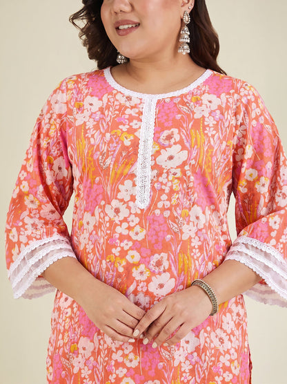 Janasya Women's Plus Size Orange Pure Cotton Floral Printed Straight Kurta With Pant Set
