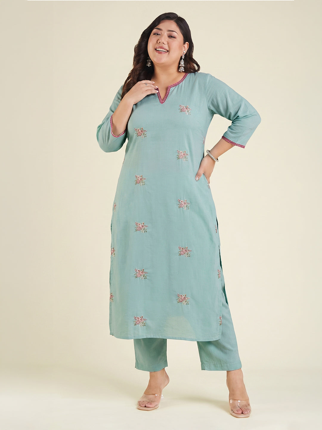 Janasya Women's Plus Size Sea Green Pure Cotton Floral Embroidered Straight Kurta with Pant Set