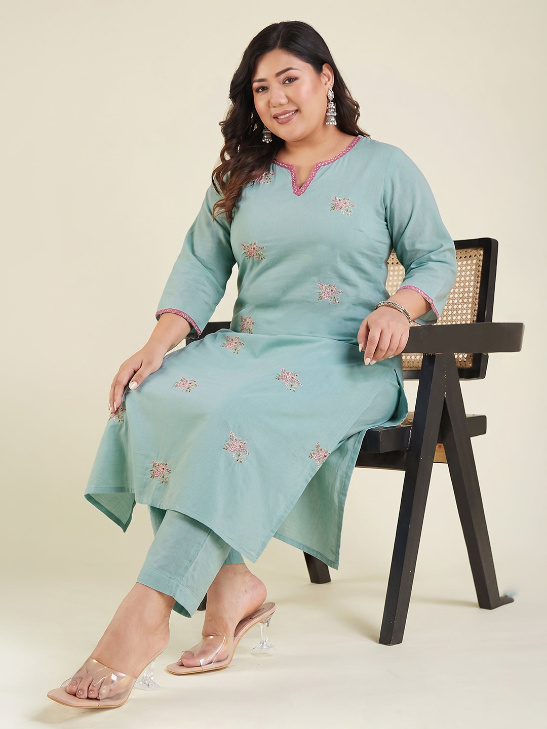 Janasya Women's Plus Size Sea Green Pure Cotton Floral Embroidered Straight Kurta with Pant Set