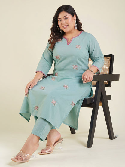 Janasya Women's Plus Size Sea Green Pure Cotton Floral Embroidered Straight Kurta with Pant Set