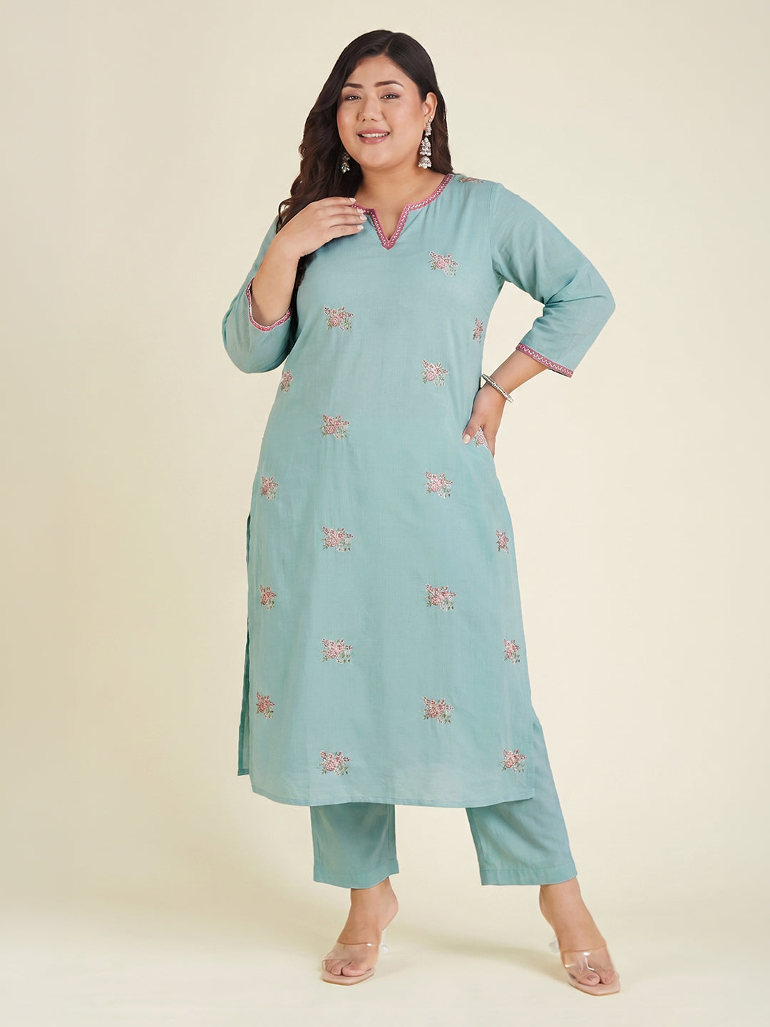 Janasya Women's Plus Size Sea Green Pure Cotton Floral Embroidered Straight Kurta with Pant Set