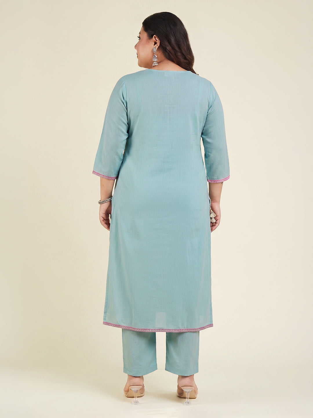 Janasya Women's Plus Size Sea Green Pure Cotton Floral Embroidered Straight Kurta with Pant Set