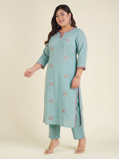 Janasya Women's Plus Size Sea Green Pure Cotton Floral Embroidered Straight Kurta with Pant Set