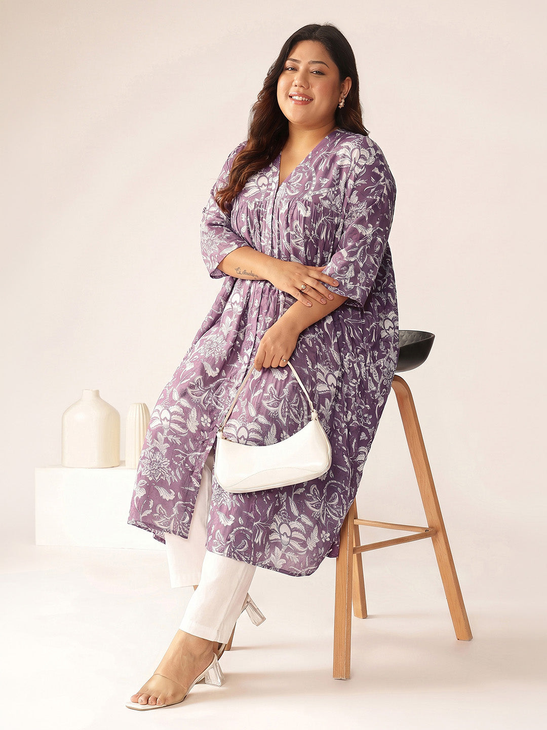 Janasya Women's Plus Size Mauve Color Pure Cotton Floral Printed A-Line Kurta