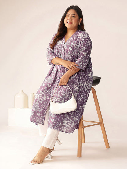 Janasya Women's Plus Size Mauve Color Pure Cotton Floral Printed A-Line Kurta