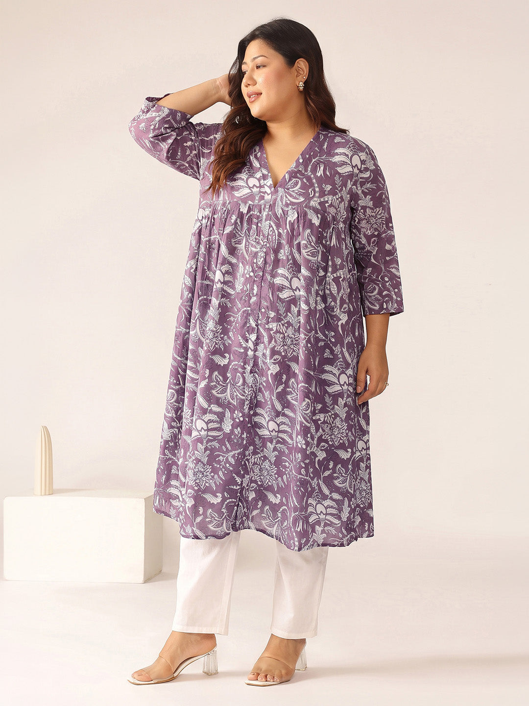 Janasya Women's Plus Size Mauve Color Pure Cotton Floral Printed A-Line Kurta