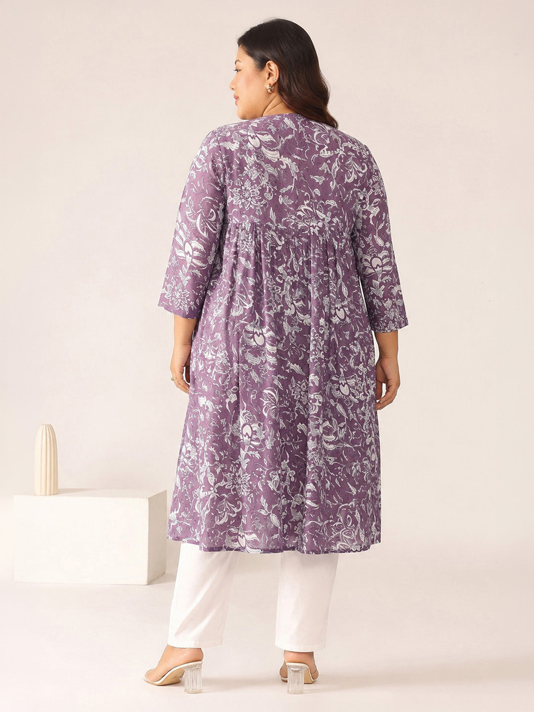 Janasya Women's Plus Size Mauve Color Pure Cotton Floral Printed A-Line Kurta
