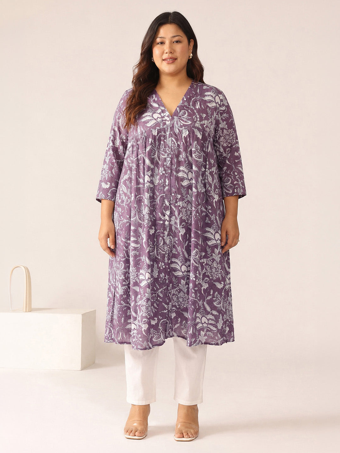 Janasya Women's Plus Size Mauve Color Pure Cotton Floral Printed A-Line Kurta