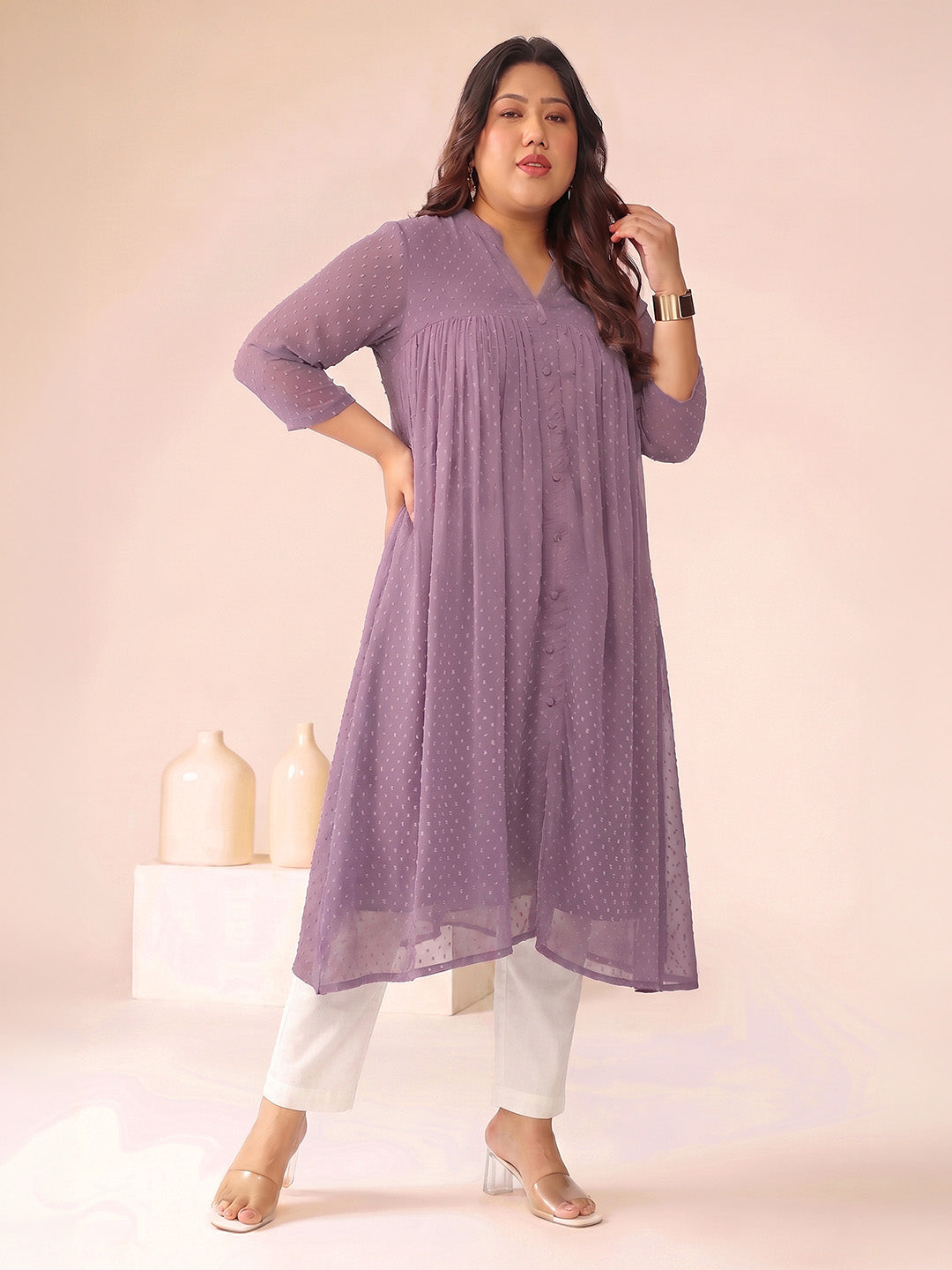 Janasya Women's Plus Size Lavender Dobby Chiffon Solid A-Line Kurta