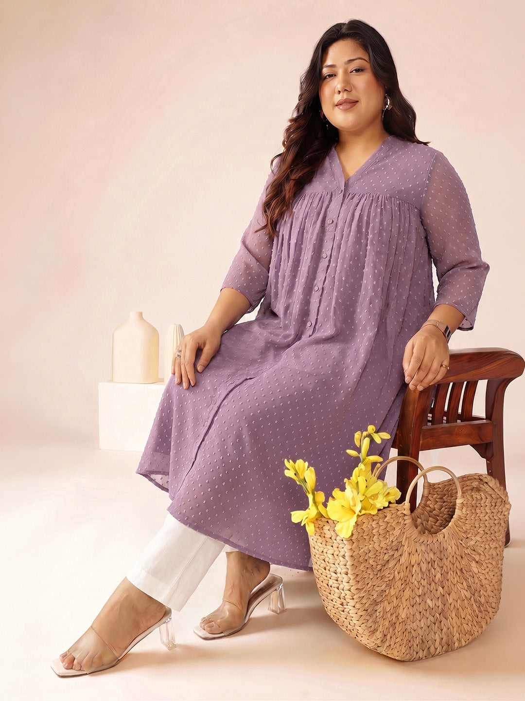 Janasya Women's Plus Size Lavender Dobby Chiffon Solid A-Line Kurta