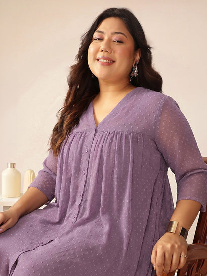 Janasya Women's Plus Size Lavender Dobby Chiffon Solid A-Line Kurta