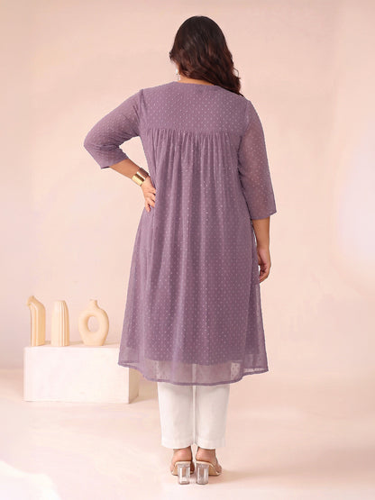 Janasya Women's Plus Size Lavender Dobby Chiffon Solid A-Line Kurta