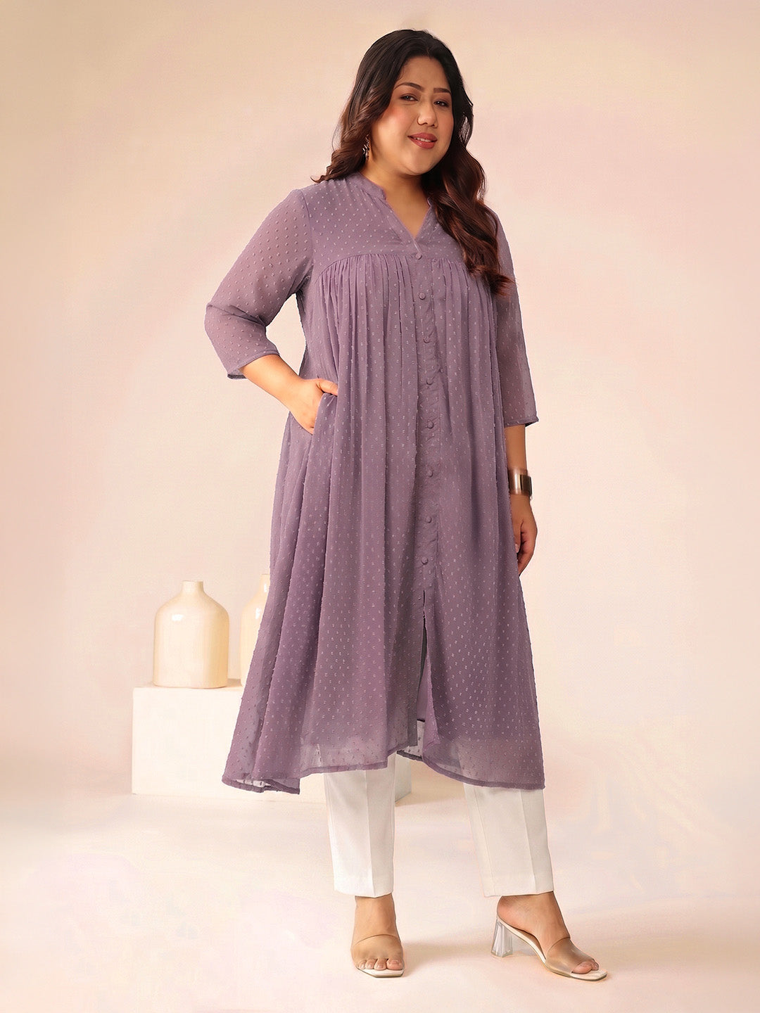 Janasya Women's Plus Size Lavender Dobby Chiffon Solid A-Line Kurta