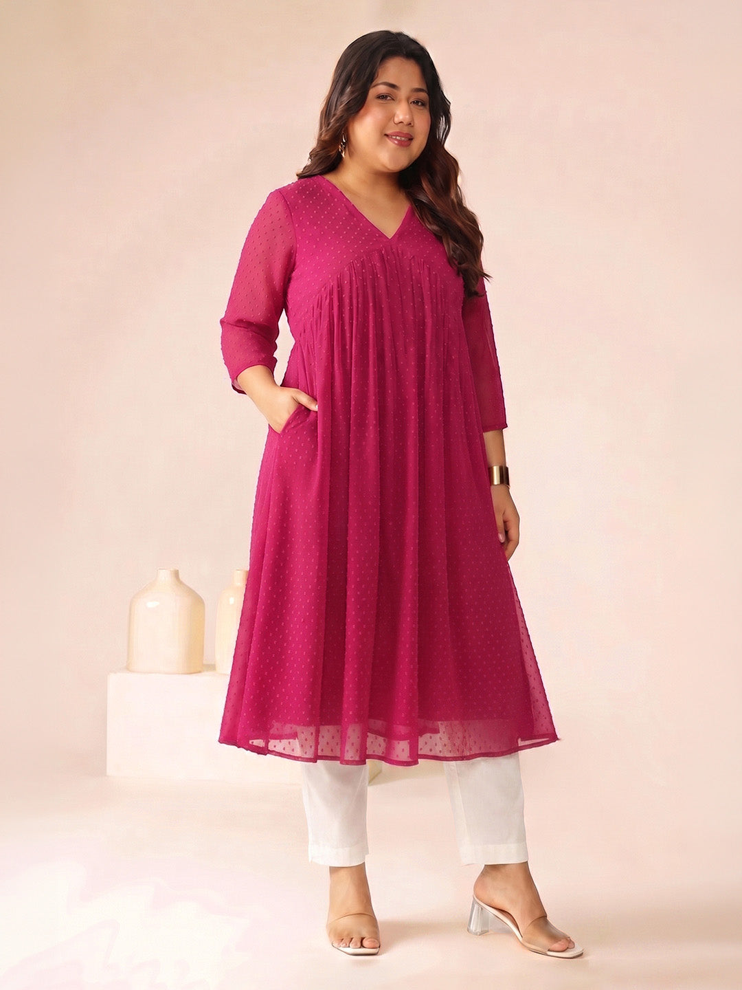 Janasya Women's Plus Size Magenta Dobby Chiffon Solid A-Line Kurta