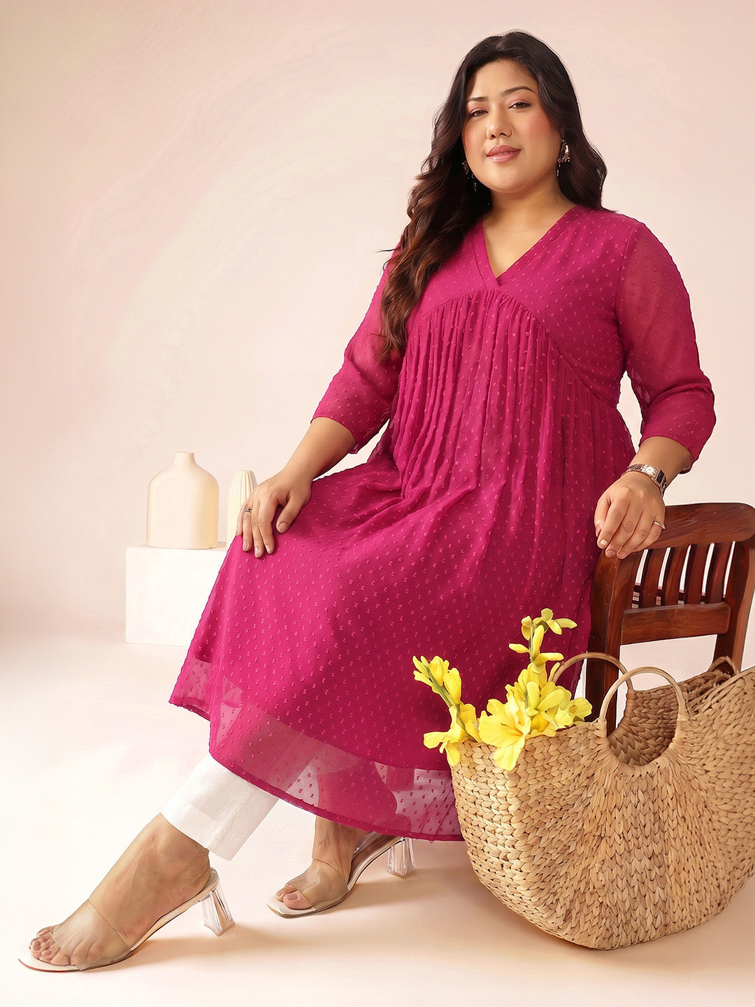 Janasya Women's Plus Size Magenta Dobby Chiffon Solid A-Line Kurta