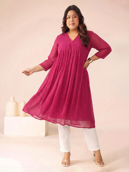 Janasya Women's Plus Size Magenta Dobby Chiffon Solid A-Line Kurta