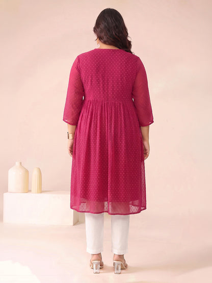 Janasya Women's Plus Size Magenta Dobby Chiffon Solid A-Line Kurta