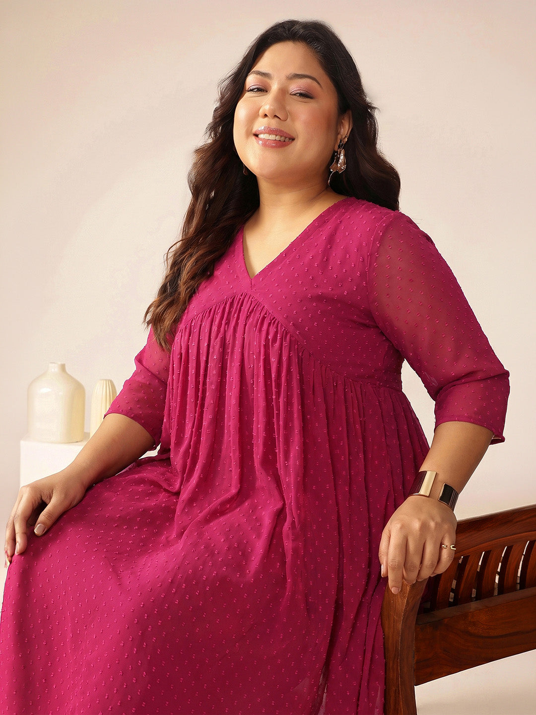 Janasya Women's Plus Size Magenta Dobby Chiffon Solid A-Line Kurta
