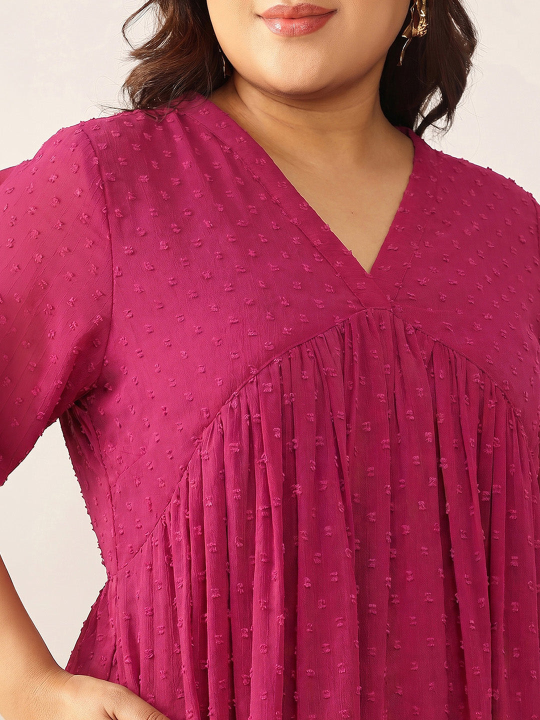 Janasya Women's Plus Size Magenta Dobby Chiffon Solid A-Line Kurta