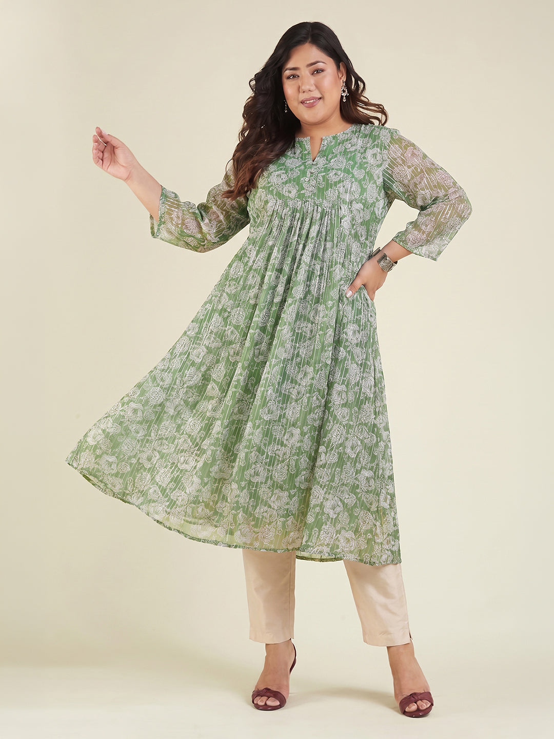Janasya Women's Green Lurex Chiffon Floral Printed A-Line Kurta