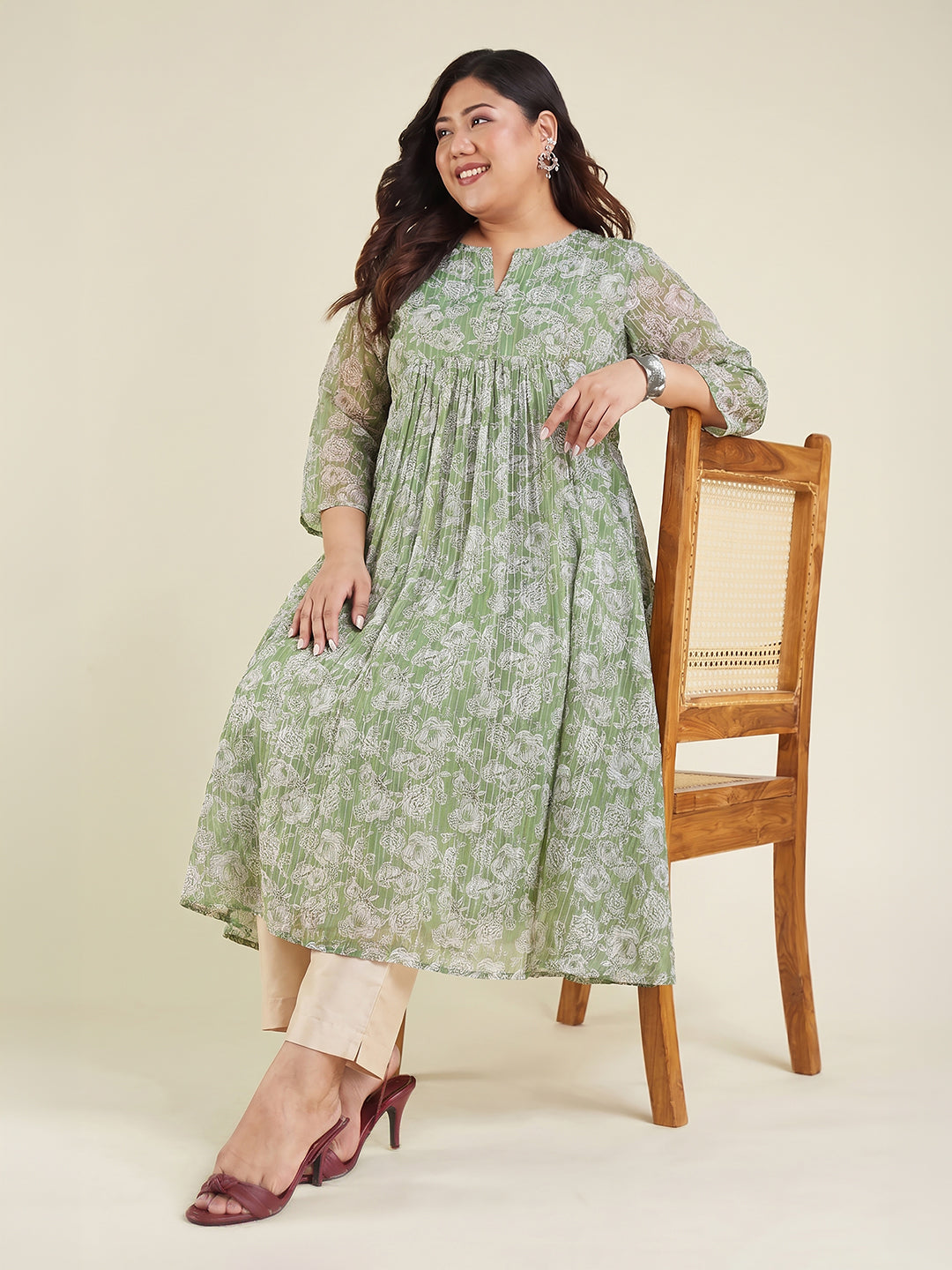 Janasya Women's Green Lurex Chiffon Floral Printed A-Line Kurta