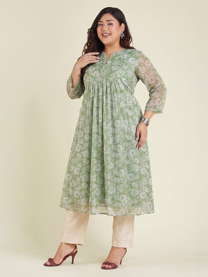 Janasya Women's Green Lurex Chiffon Floral Printed A-Line Kurta
