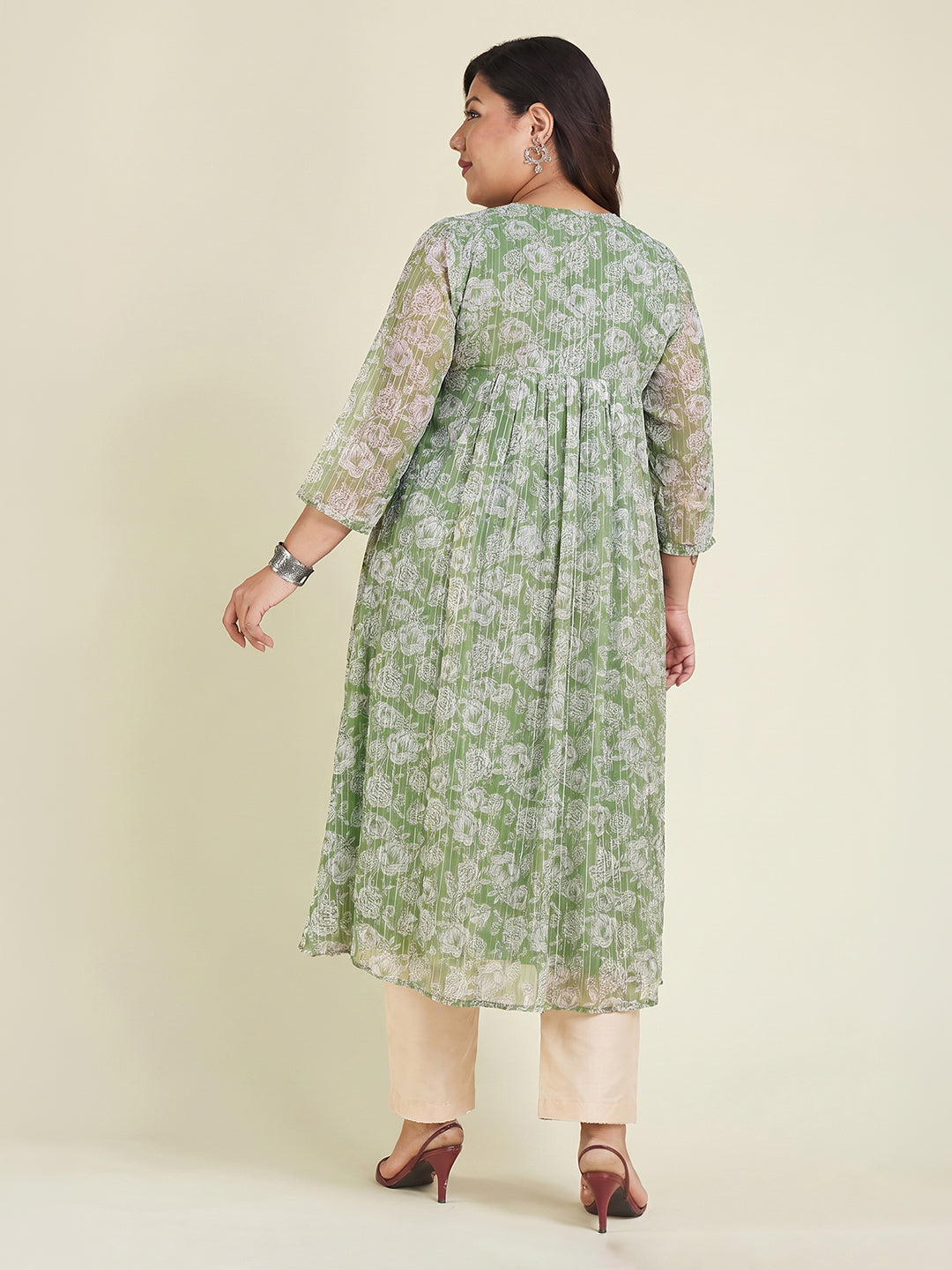 Janasya Women's Green Lurex Chiffon Floral Printed A-Line Kurta