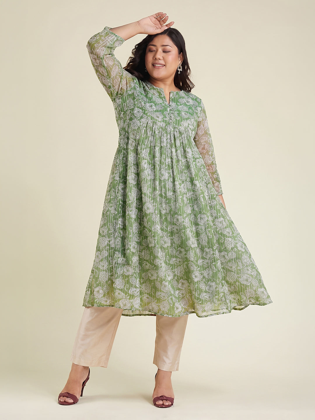 Janasya Women's Green Lurex Chiffon Floral Printed A-Line Kurta