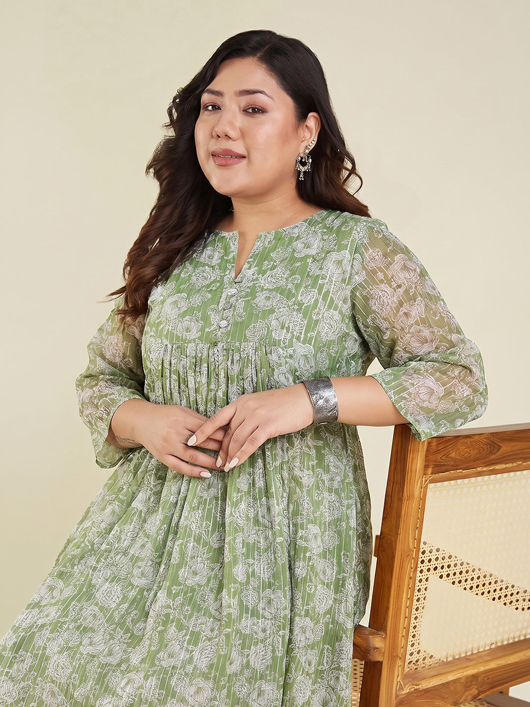Janasya Women's Green Lurex Chiffon Floral Printed A-Line Kurta