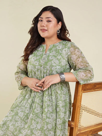 Janasya Women's Green Lurex Chiffon Floral Printed A-Line Kurta