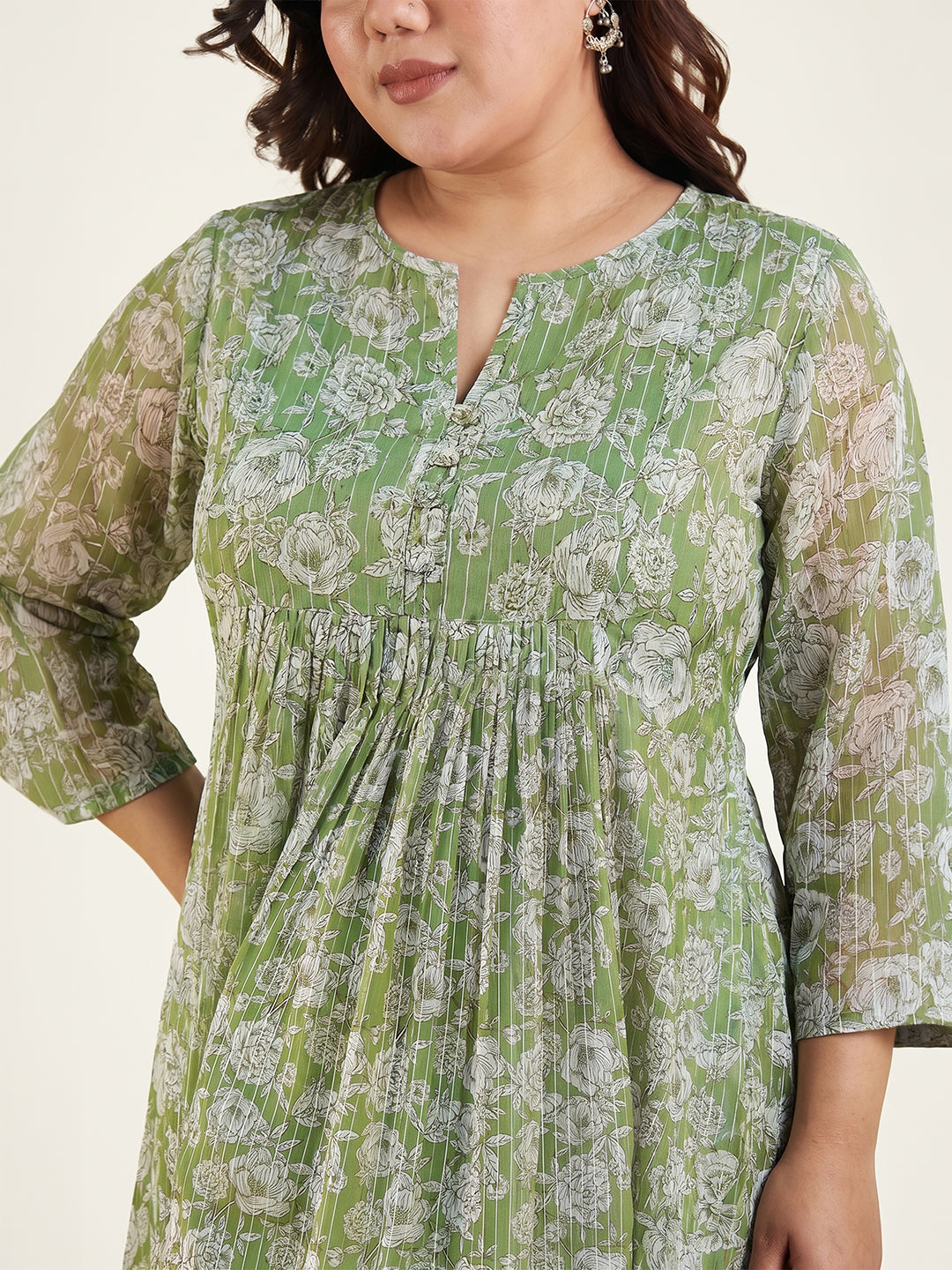 Janasya Women's Green Lurex Chiffon Floral Printed A-Line Kurta