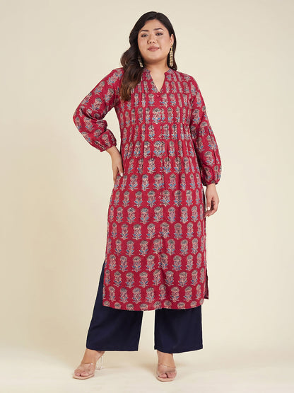 Janasya Women's Plus Size Maroon Pure Cotton Ajrakh Printed Straight Kurta