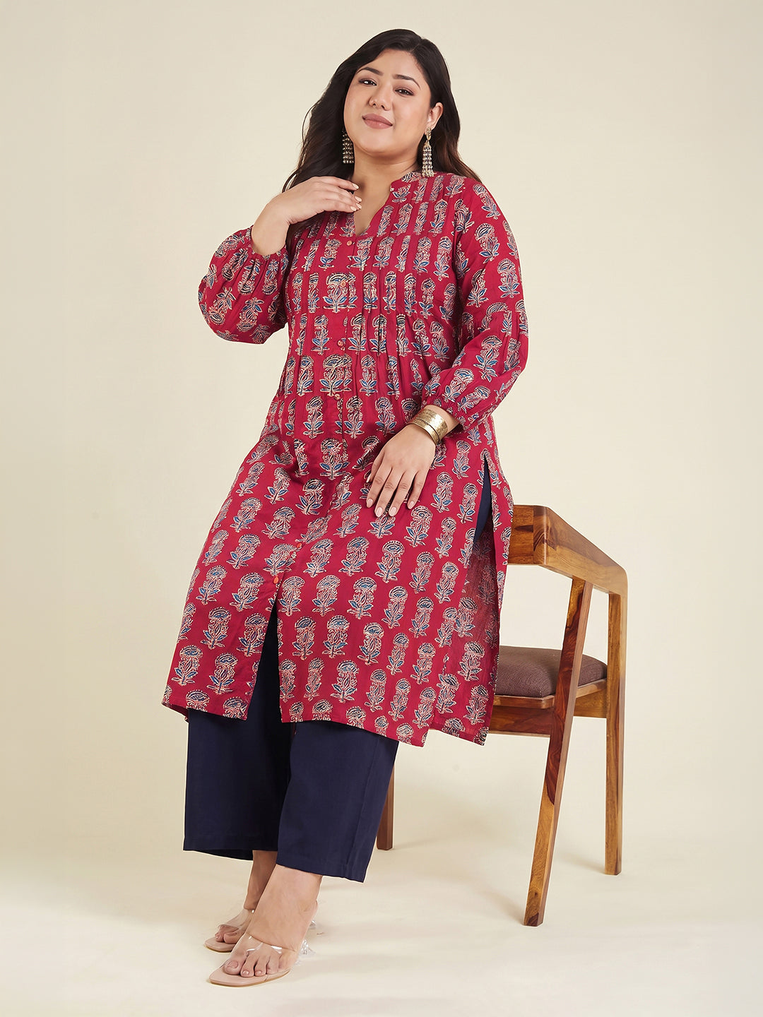 Janasya Women's Plus Size Maroon Pure Cotton Ajrakh Printed Straight Kurta
