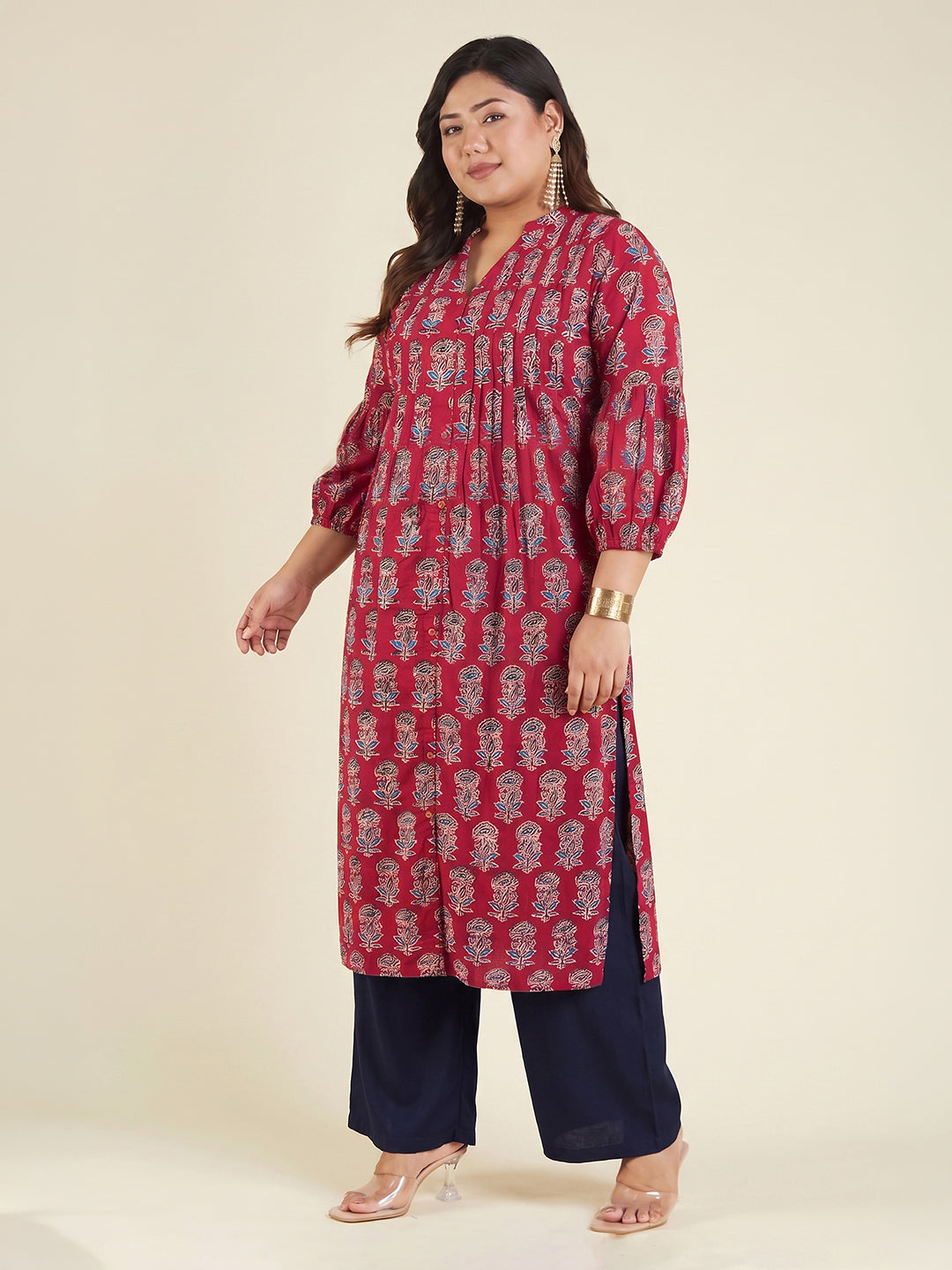 Janasya Women's Plus Size Maroon Pure Cotton Ajrakh Printed Straight Kurta