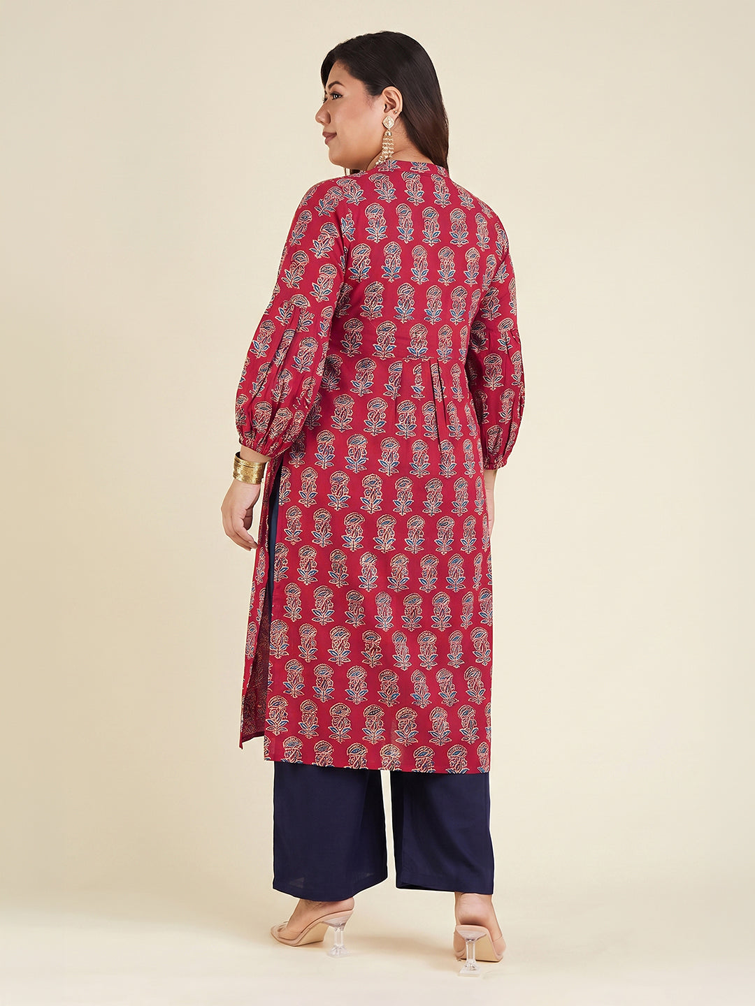 Janasya Women's Plus Size Maroon Pure Cotton Ajrakh Printed Straight Kurta