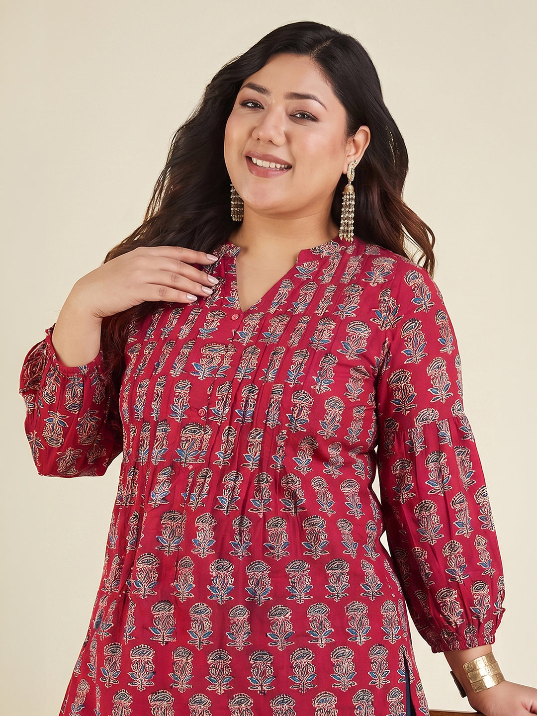 Janasya Women's Plus Size Maroon Pure Cotton Ajrakh Printed Straight Kurta