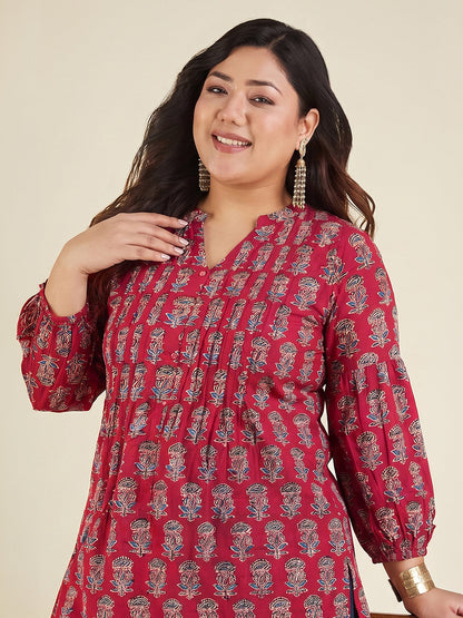 Janasya Women's Plus Size Maroon Pure Cotton Ajrakh Printed Straight Kurta