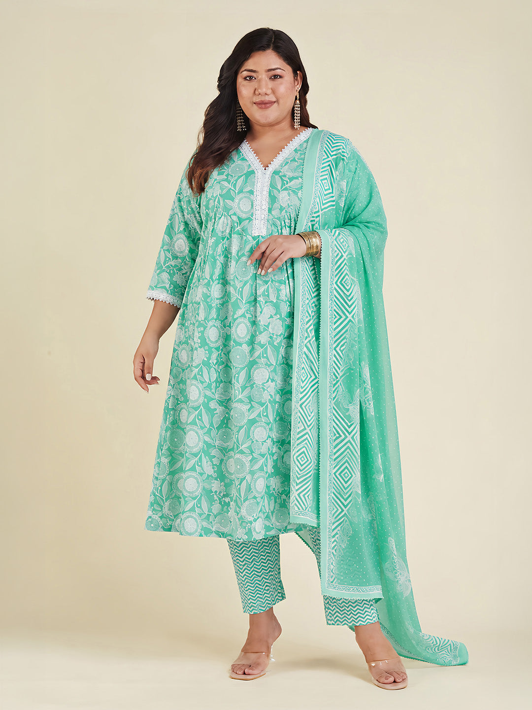 Janasya Women's Plus Size Sea Green Pure Cotton Floral Printed Straight Kurta Set